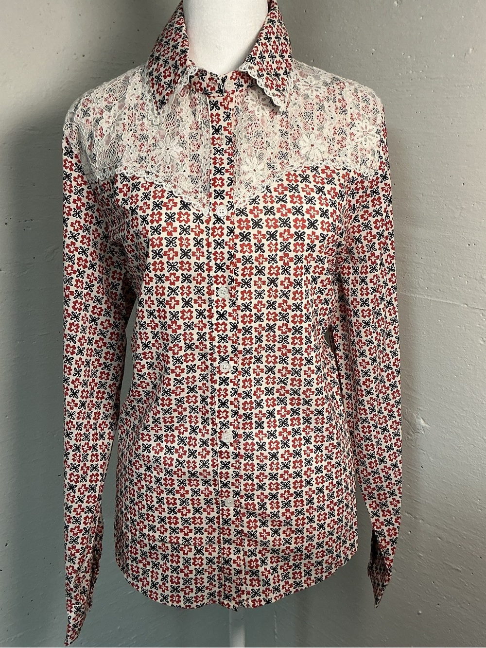 Lace-Yoke Floral Button-Down Shirt in White and Red